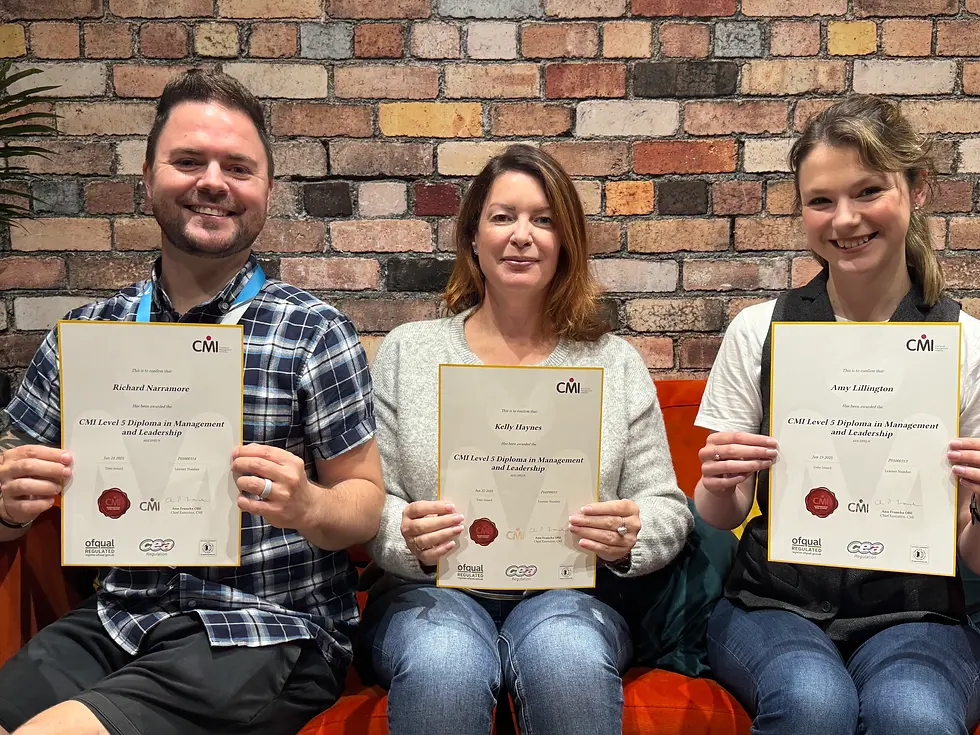 Rich, Kelly and Amy holding their CMI certificates sit on an orange sofa against a brick wall. They are smiling, suggesting a celebratory mood.
