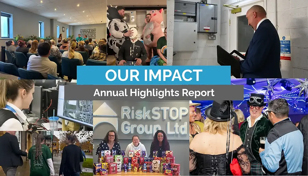 Collage shows meetings, events, and community activities. Text reads "Our Impact Annual Highlights Report." Vibrant, dynamic atmosphere.